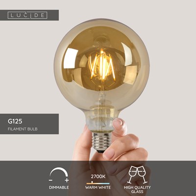 Lucide G125 - Filament bulb - Ø 12,5 cm - LED Dim. - E27 - 1x8W 2700K - Amber
